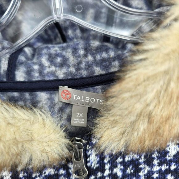 Talbots Hooded Vest 2X Blue White Snowflake Fair Isle Pockets Faux Fur Cozy Zip - Picture 2 of 10